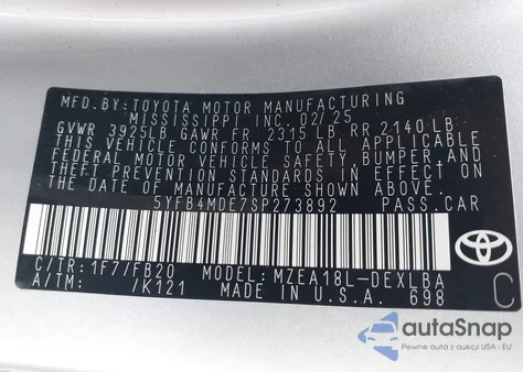 2025 Toyota Corolla Le from USA, damaged, VIN 5YFB4MDE7SP273892